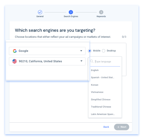 Setup of search engines