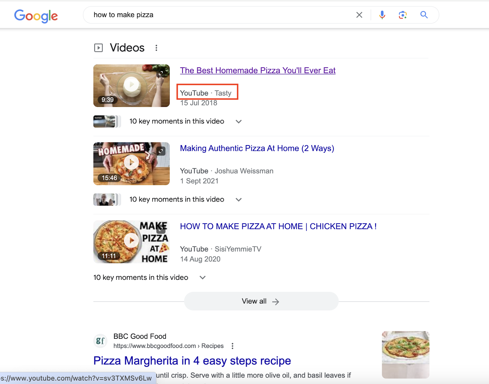Example of video pack SERP Feature and YouTube Channel