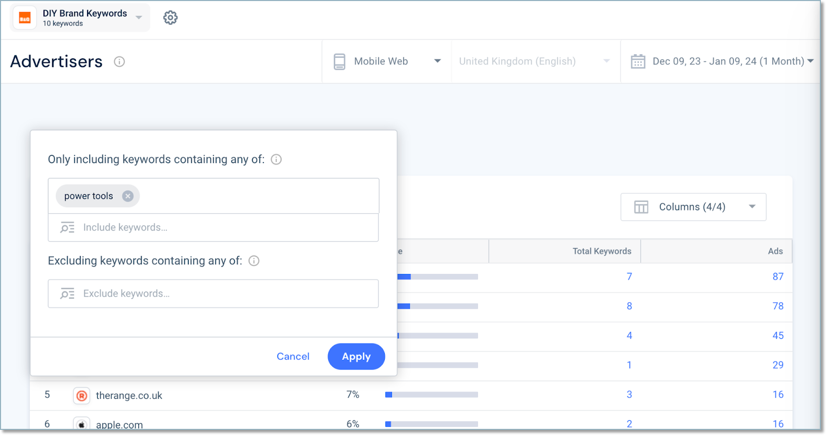 Filtering the advertisers report by keyword