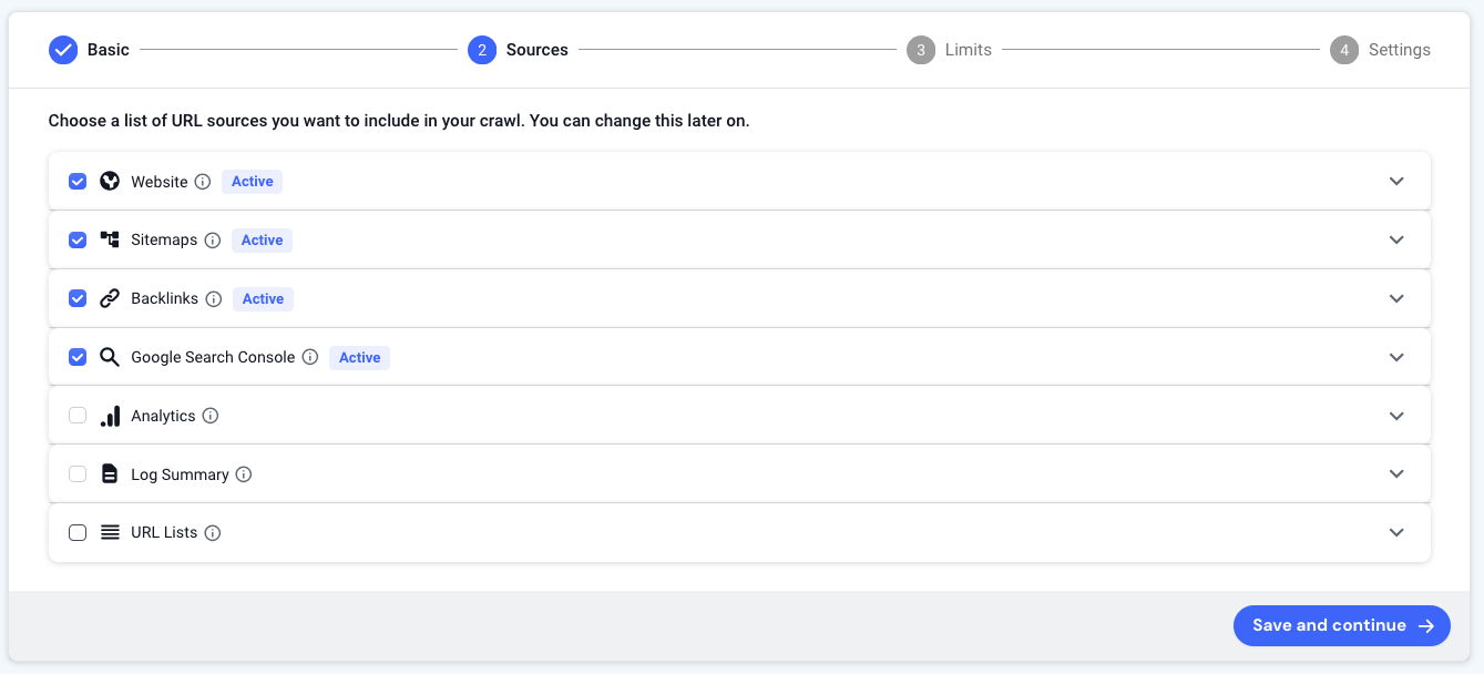 Screenshot of Step 2 of the Lumar crawl setup process, showing the available sources with website, sitemaps, backlinks, Google Search Console and Analytics checked, but Log Summary and URL lists unchecked.