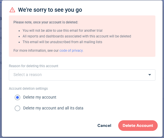 Delete account pop up