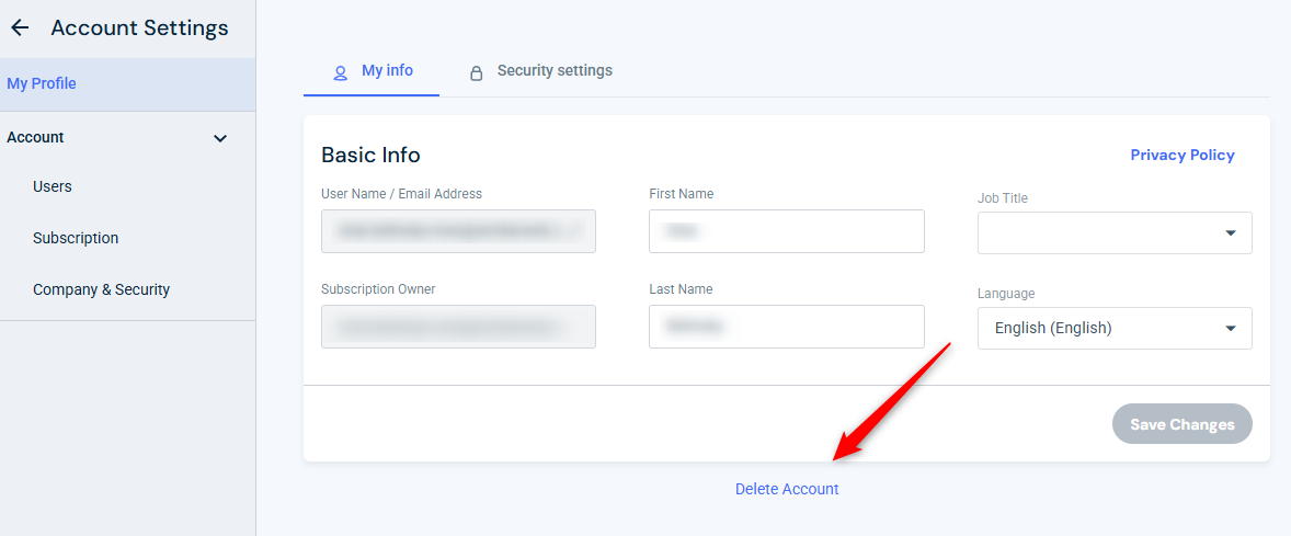 Account settings - delete account button location