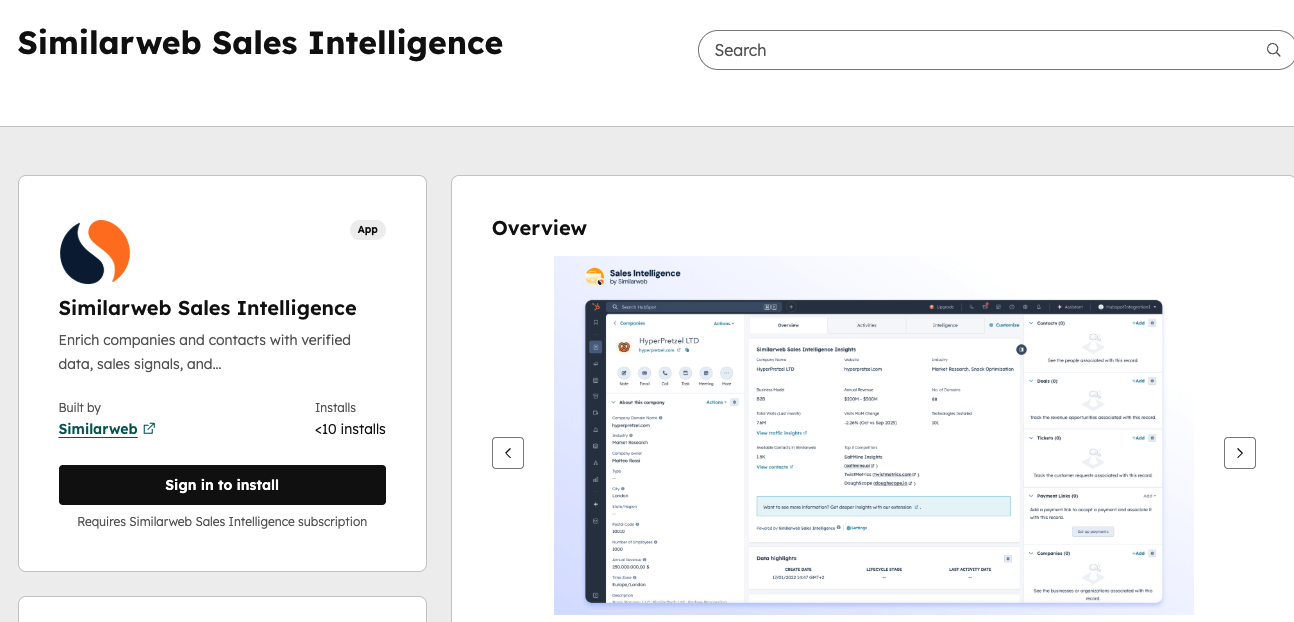 Install Similarweb Sales Intelligence from the HubSpot Marketplace