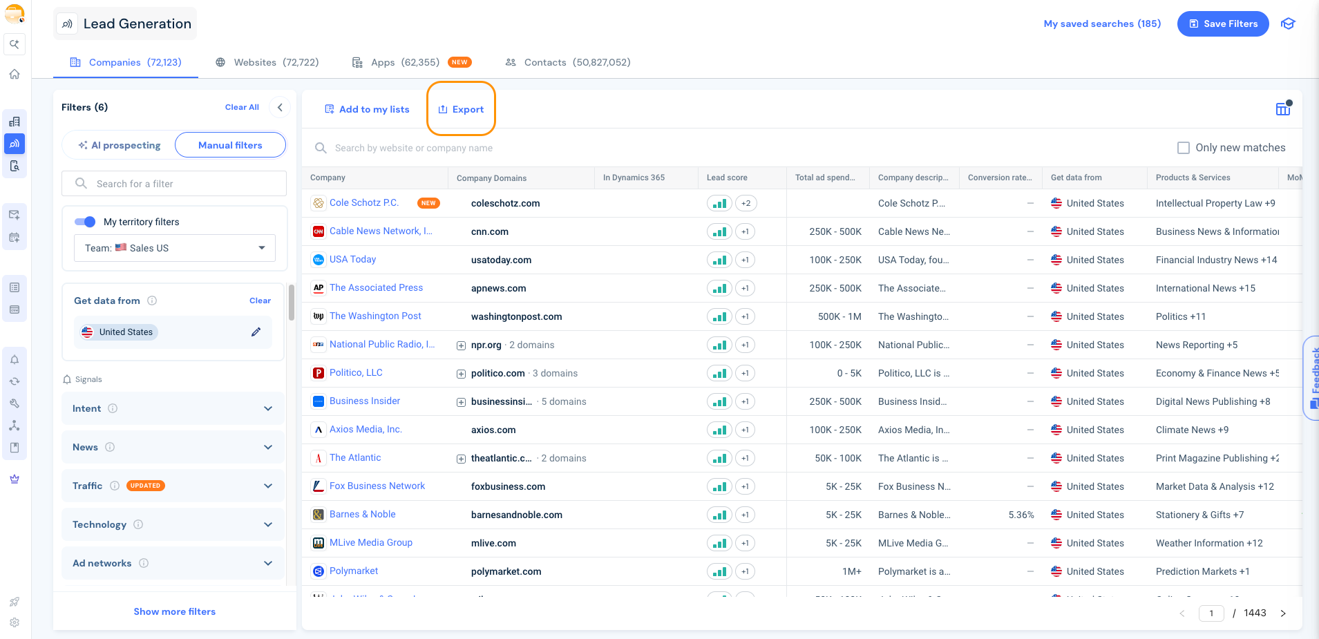 Click on the Export button located at the top of the list.