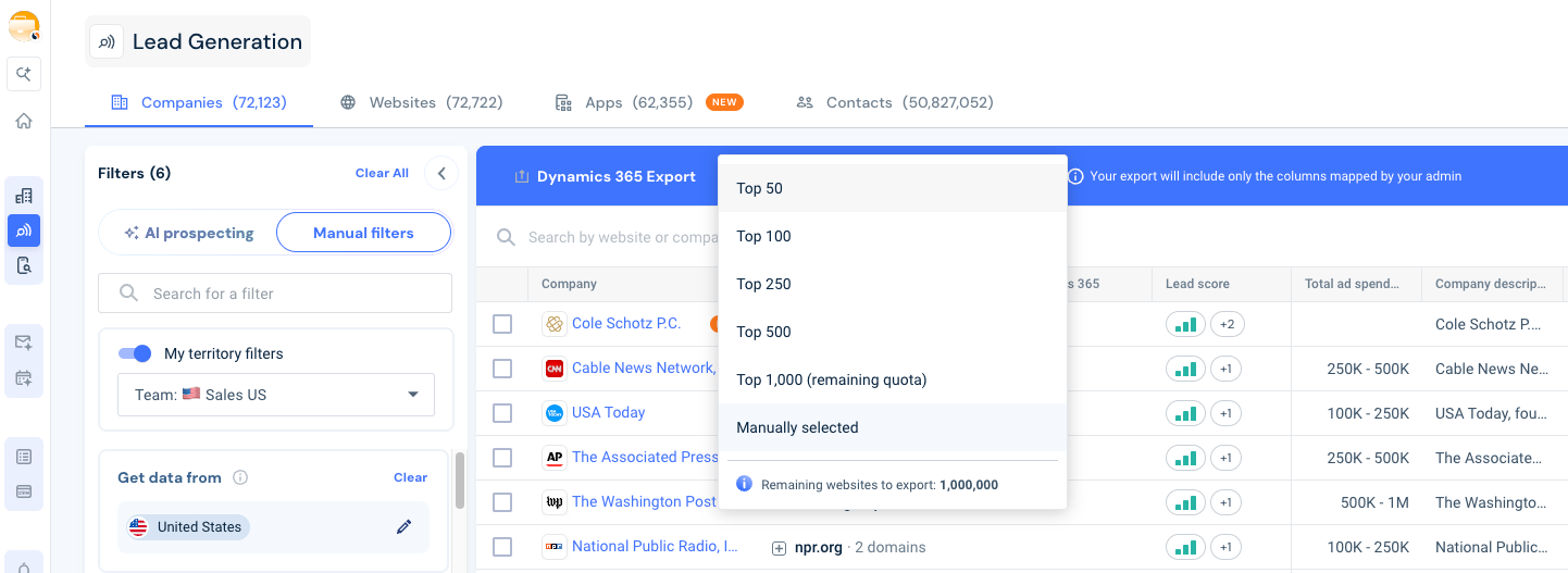 Choose to export Top X results or manually select specific records