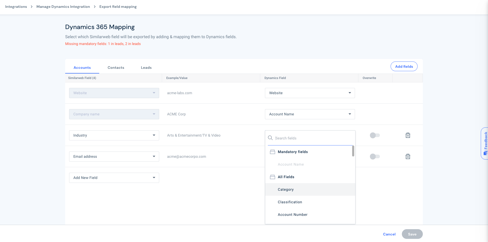 map the newly added Similarweb fields